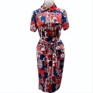 Tracy Negoshian Red & Blue Short Sleeve Collared Dress L